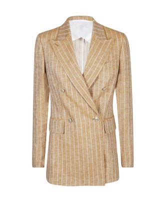 Eleventy Womens Double-breasted Striped Linen Jacket - Tan - Size EU 38 (Womens)