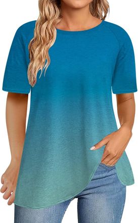 Generic Womens Tops 2025 Comfortable Knitwear for Women Womens Fashion T Shirt Casual Round Neck Short Sleeve Printed Top Women Tops (Blue, XL)