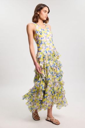 Karen Millen Womens Floral Crinkle Georgette Ruffle Detail Woven Maxi Dress Lyocell - Size 14 UK