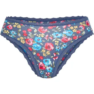 Savage x Fenty Essentials Lace Trim Stretch Cotton Cheeky Briefs in Blue Ink Cherry Meadow Floral at Nordstrom, Size X-Small