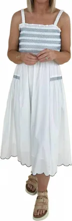 Merci Leona Scallop Edge Midi Dress In Off White Marine