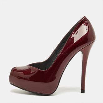 Stuart Weitzman Size 35.5 Burgundy Patent Leather Peep Toe Platform Pumps