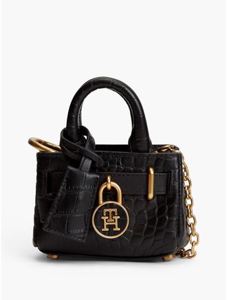 Tommy Hilfiger Womens Croc-Embossed Leather Ultra-Mini Bag - Black