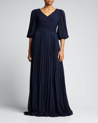 Teri Jon V-Neck Puff-Sleeve Pleated Chiffon Gown