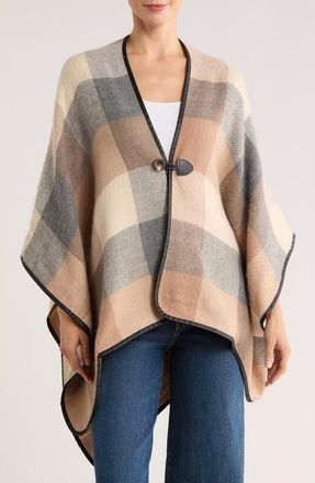 Nordstrom Rack Faux Leather Trim Check Ruana in Camel Plaid at Nordstrom Rack