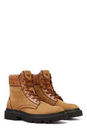 MCM Female Ankle Boots in Nubuck and Monogram Print Leather in Cognac & Offwhite at Nordstrom, Size 39