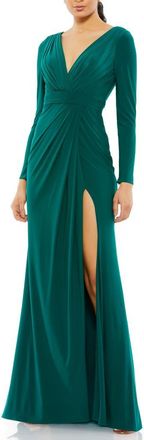 Mac Duggal Classic Long Sleeve Jersey Evening Gown with V-Neck, Pleated Bodice, and Thigh-High Slit in Emerald at Nordstrom, Size 10