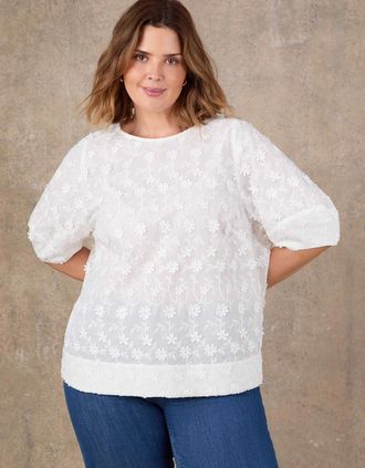Live Unlimited London Womens White Floral Embroidered Puff Sleeve Blouse - Size: 24