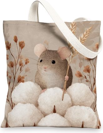 Generic Cute Mouse Canvas Tote Bags, Vintage Animal Print Reusable Shopping Bags, Lightweight Washable Shoulder Strap Canvas Bags f, Beige, 13x15 Inch