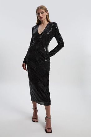 Karen Millen Long Sleeve Plunge Neck Midi Dress in Black at Nordstrom, Size X-Small