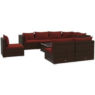 vidaXL Set Muebles De Jard&iacute;n 9 Piezas Y Cojines Rat&aacute;n Sint&eacute;tico Marr&oacute;n Vidaxl