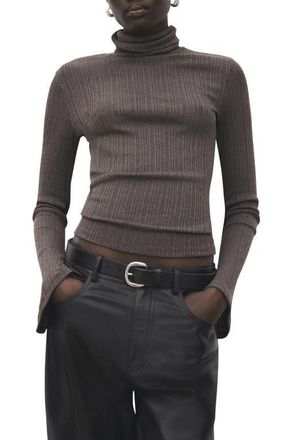 Mango Turtleneck Flare Sleeve Rib Sweater in Medium Brown at Nordstrom, Size X-Small