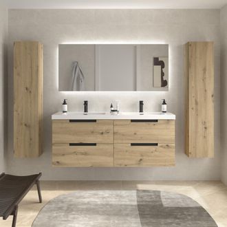 Cygnus Bath Mueble De Ba&ntilde;o Leni 140cm Roble 4 Cajones Lavabo Toscana 2 Pozas Carga Mineral