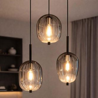 Globo Lighting Lampada A Sospensione Led Lampada A Soffitto Lampada Per Soggiorno Lampada Per Sala Da Pranzo, Metallo Nero Vetro Color Fumo, 3x Led 6w 700lm Bianco C