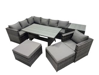 Fimous Outdoor PE Rattan Sofa Set with with Side Table 2 Big Stool in Dark Grey