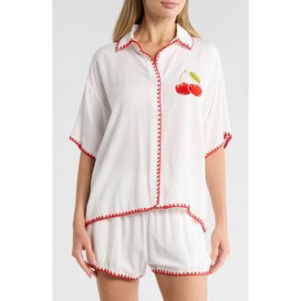 Betsey Johnson Blanket Stitch Embroidered Cabana Button-Up Shirt & Shorts Cover-Up Set in Sand at Nordstrom Rack, Size X-Large