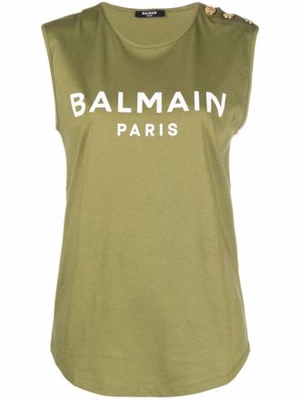 Balmain button-embellished logo tank top - women - Organic Cotton - S - Green