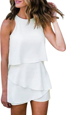 Generic Women Summer Casual Jumpsuits Fashion Round Neck Sleeveless Ruffle Romper Elegant Sexy Jumpsuit Romper Beach Rompers Women White