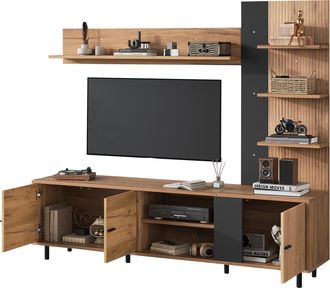 STILVORA Mueble Tv Con 3 Puertas Y Estantes Abiertos Para Sal&oacute;n, En Tablero De Part&iacute;culas, Negro Y Madera, 187.5&times;40&times;167 Cm