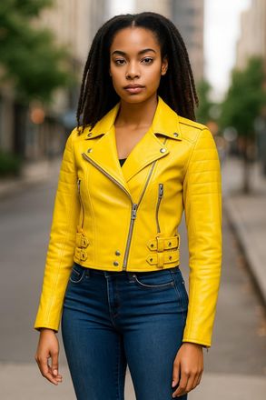 Infinity Leather Womens Yellow Cropped Brando Biker Jacket-Durban Lamb Leather - Size 12 UK