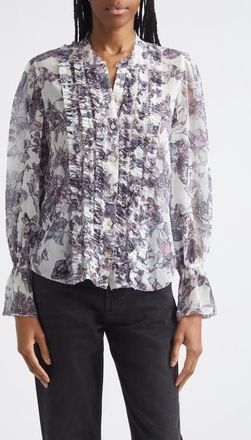 L'agence Eunice Butterfly Print Ruffle Trim Button-Up Top in Vintage White Watercolor Bufly at Nordstrom, Size X-Small