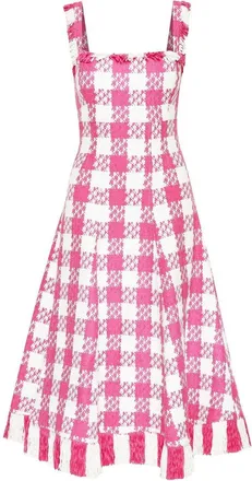 Oscar De La Renta houndstooth square-neck dress - women - Polyamide/Cotton/Virgin Wool - 0 - Pink