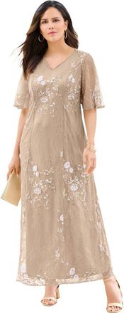 Roaman's Plus Size Flutter Sleeve Allover Embroidered Gown in Beige at Nordstrom, Size 14