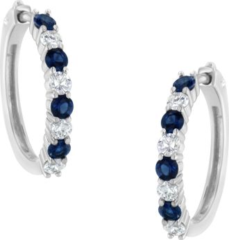 House of Brilliance 10K White Gold 2.5MM Sapphire Gemstone and 1/2 Cttw Diamond Hoop Earrings