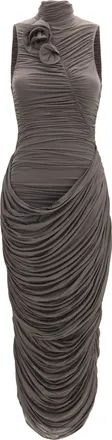 Magda Butrym Womens Dress Draped High-Neck Midi Brown Cupro