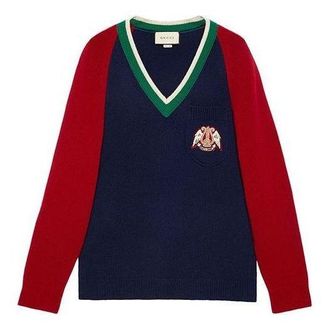 Gucci V-neck Wool Sweater With Lyre Blue 575504-XKATG-4278