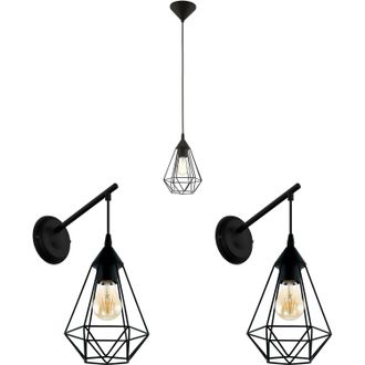 Loops Ceiling Pendant Light & 2x Matching Wall Lights Black Geometric Wire Cage Lamp