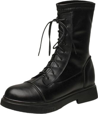 Generic Womens Mid-Calf PU Leather Combat Boots Lace-Up Elastic Top Low Platform Soles Round Toe Soft Lining Cushioned Insole Durable Outsole,Black,6.5 UK