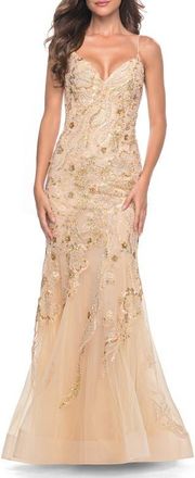 La Femme Mermaid Sequin and Beaded Embellished Prom Dress in Pastels in Champagne at Nordstrom, Size 10