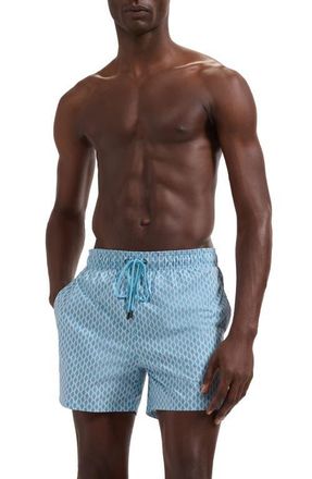 Bugatchi Cruz Print Swim Trunks in Teal at Nordstrom, Size Xx-Large