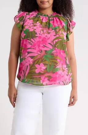 Sugarlips Dandi Floral Veda Cap Sleeve Top in Green-Pink-Coral at Nordstrom, Size 1 X