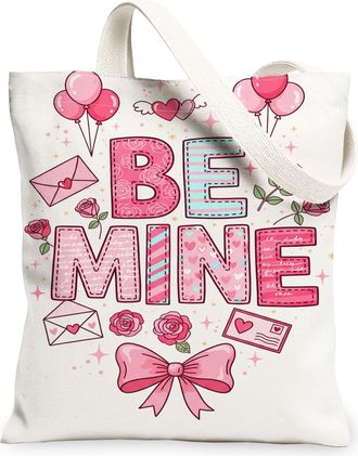 Generic ValentineS Day Floral Canvas Tote Bags, Cute Heart Balloon Design Reusable Grocery Bags, Lightweight Washable Shoulder Str, White, 13x15 Inch