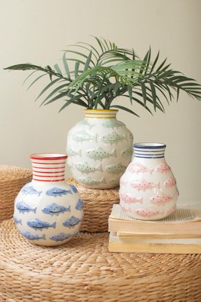 Kalalou Set Of Three Ceramic Vases With Fish - One Each