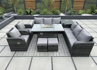 Fimous Wicker Rattan Garden Furniture Set Gas Fire Pit Dining Table Indoor Outdoor with Side Table Chair Loveseat Sofa 2 Footstools in Dark Grey