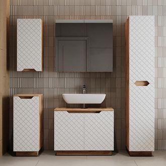 Vicco Juego De Muebles De Ba&ntilde;o Lotta, Roble/blanco Con Estructura De Azulejos, 5 Partes, Vicco