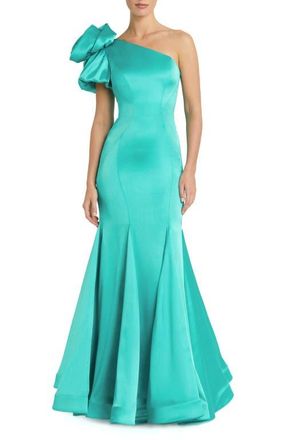 Mac Duggal Satin Mermaid Dramatic Rosette One Shoulder Gown in Teal at Nordstrom, Size 10