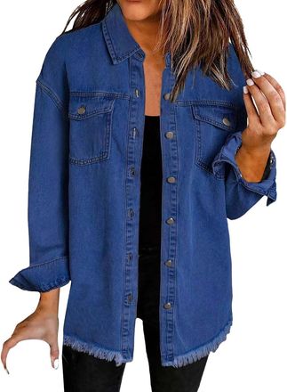 Generic Shffuw Denim Jackets Women Button Down Long Sleeves Jean Coat Ladies Casual Oversized Fall Jackets For Women Uk Stretch Boyfriend Jean Trucker Jacket 