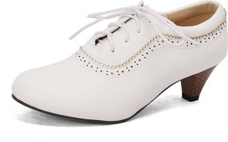 Generic Womens Mid Block Heel Dress Shoes Round Toe PU Leather Oxford & Derby Shoe Lace Up Casual Shoes,White,10.5 UK