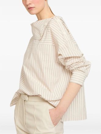 Yves Salomon Asymmetric Neckline Striped Cotton Blouse - Beige