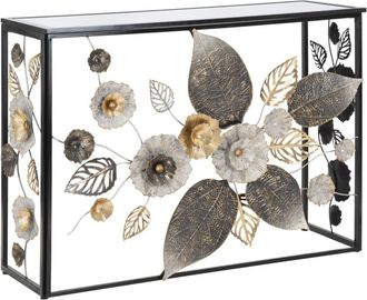 Mauro Ferretti Consola de metal negro con flores y tapa de vidrio cm 112x42x80