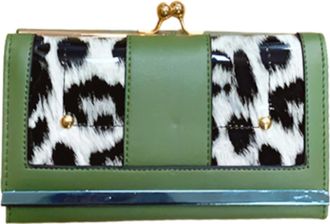 Generic Ladies Metal Finish Clip Top Card Slots Women Wallet Bag Animal Print Clutch Purse Handbag 1178 (Green)