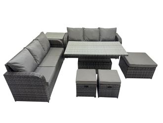 Fimous Rattan Garden Furniture Set 9-seater with Side Table 3 Footstools in Dark Grey