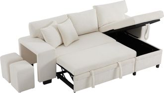 STILVORA Sof&aacute; Esquinero Convertible 3 Plazas En Terciopelo Acanalado Con Cofre, Usb, Type-c, Estante Lateral Y Brazos Anchos, Beige