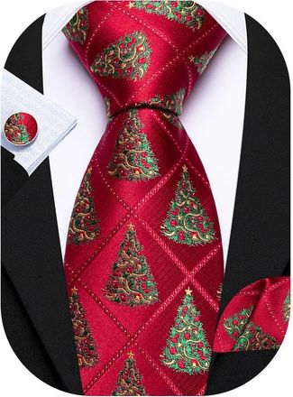 Barry.Wang Christmas Tie Mens Festive Red Necktie Xmas Pattern Silk Pocket Square Cufflinks Set Party Holiday