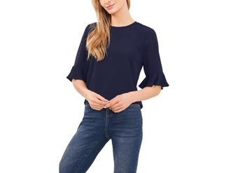 CeCe by Cynthia Steffe Elbow Ruffle Cuff Crew Neck Blouse Womens Clothing Classic Navy : 2XL, Polyester/Spandex