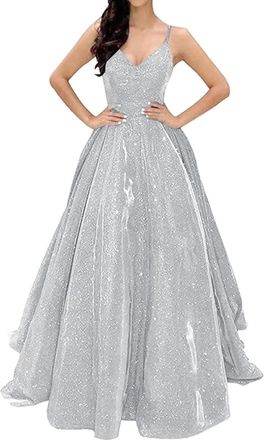 Generic Prom Dresses for Teenagers Ball Gown Solid Colour Evening Dress Swing Spaghetti Strap Dress Glitter Banquet Long Dresses for Women UK V Neck Sexy Form